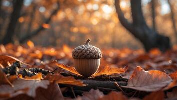 Acorn Resting on Fallen Leaves in Warm Autumnal Forest Light photo