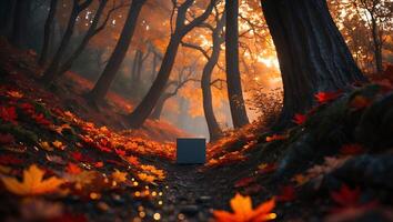 Autumn Forest Path with Scattered Leaves and Mysterious Cube Shape photo