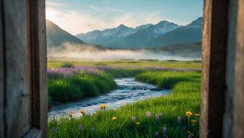 Tranquil Stream Flows Through Meadow with Mountains Viewed From Window photo