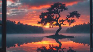 Scenic Lake Landscape with Tree and Fiery Sunset Reflection Seen Through Window photo