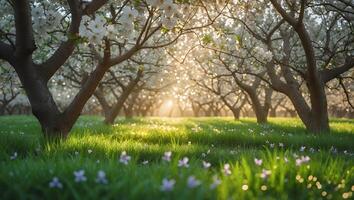Walking Through Blossoming Trees in Orchard with Sunlight Shining Through photo