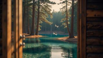 Viewing Serene Lake with Dragonflies From Wooden Cabin Doorway photo