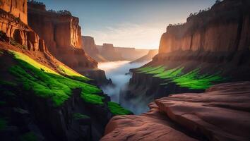 Grand Canyon View with Morning Mist and Greenery on Cliffs photo