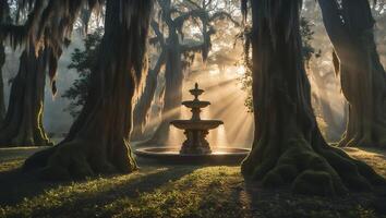 Water Fountain Flowing in Forest with Sun Rays and Mossy Trees photo