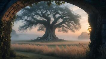 Majestic Old Tree Silhouetted Against Soft Sunrise Seen Through Stone Archway photo