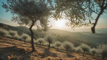 Olive Grove at Sunset with Rolling Hills and Golden Light photo