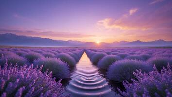 Lavender Field with Water Reflecting Sunset Sky and Distant Mountains photo