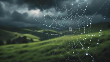Dew Drops on Spiderweb with Green Hills and Cloudy Sky photo