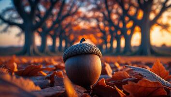 Acorn Resting Among Fallen Leaves on Autumnal Tree Lined Ground photo