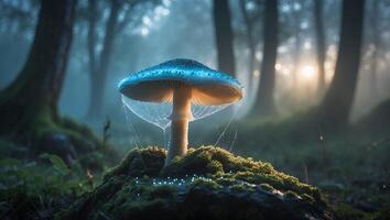 Glowing Mushroom in Forest with Moss and Spiderweb at Sunrise photo
