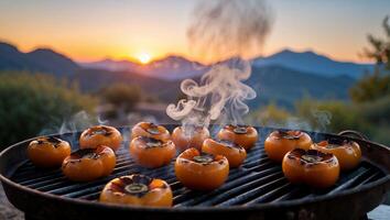 Grilling Persimmons Outdoors at Sunset with Mountain Views and Smoke photo