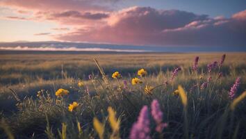 Wildflower Meadow at Dusk with Dramatic Clouds and Golden Light photo