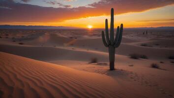 Desert Cactus at Sunset with Dramatic Sky Over Rolling Sand Dunes photo
