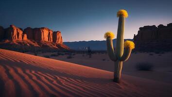 Cactus Blooms in Desert Landscape at Sunset with Sand Dunes photo