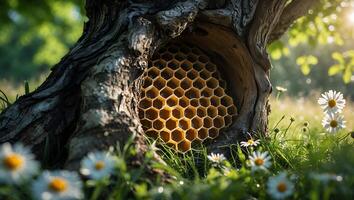 Honeycomb Inside a Tree Trunk with Daisies in Lush Green Meadow photo