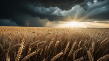 Wheat Field at Sunset Under Dramatic Cloudy Sky Before the Rain photo