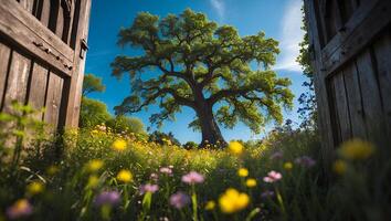 Standing Underneath a Majestic Tree in a Meadow Through Wooden Door photo