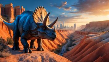 Triceratops Standing on Red Rock Formation Overlooking City Landscape photo