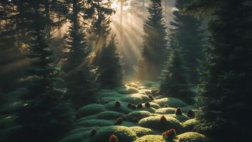 Sun Rays Through Forest Trees Illuminating Mossy Ground at Dawn photo