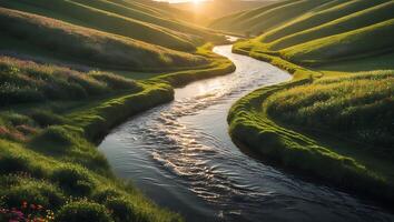 River Flowing Through Green Hillsides with Wildflowers at Sunset photo