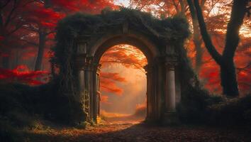 Stone Archway Leading to Autumn Forest Path in Golden Light photo