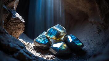 Pile of Raw Gemstones in Cave with Light Rays Shining Down photo