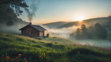 Cozy Cabin Retreat in Foggy Meadow at Sunrise for Relaxation photo