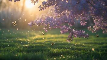 Bees Flying Near Blooming Tree in Spring Meadow at Sunset photo