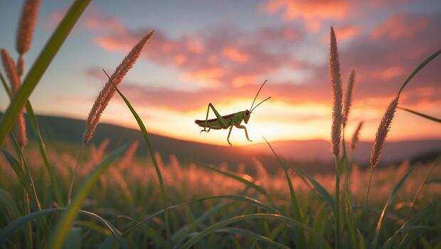 Grasshopper Jumping Over Grass in Field at Vibrant Sunset Scenery photo