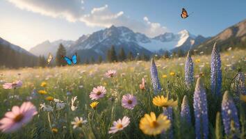 Idyllic Mountain Meadow with Wildflowers and Butterflies in Summer photo