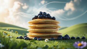 Stack of Pancakes with Blueberries on Grass Under Cloudy Sky photo