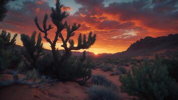 Desert Landscape with Unique Tree Silhouettes at Dramatic Sunset Scene photo