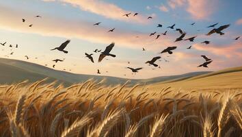 Birds Flying Over Golden Wheat Field at Dusk with Rolling Hills photo