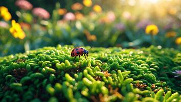 Ladybug Walking on Green Plants with Bokeh Background of Flowers photo