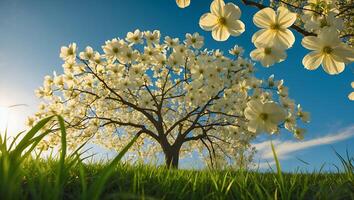 Blooming Tree with White Flowers and Green Grass Against Blue Sky photo