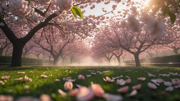 Walking Path Lined with Flowering Trees and Petals on Green Grass photo