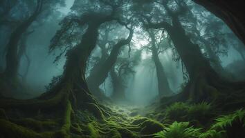 Walking Through a Mystical Forest with Fog and Sunlight Streaks photo