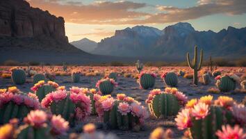 Blooming Cactus Garden Landscape with Mountains and Warm Evening Light photo