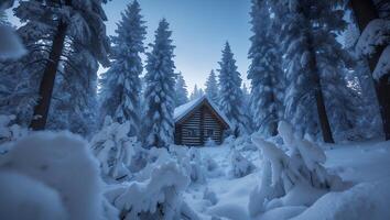Log Cabin in a Snowy Forest with Tall Evergreen Trees photo