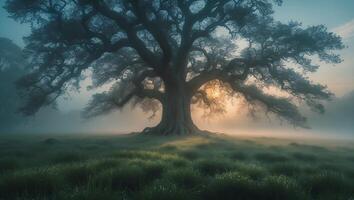 Majestic Tree Silhouetted by Dawn Light in Misty Field Landscape photo