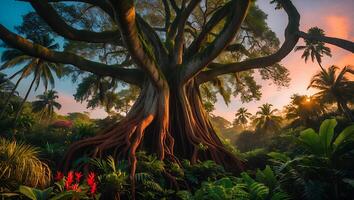 Giant Tree Dominates Lush Tropical Landscape at Sunset with Vibrant Colors photo