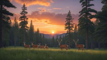 Deer Grazing in Meadow at Sunset with Forest and Mountains photo