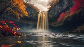Scenic Waterfall Flowing in Autumn Landscape with Colorful Fall Foliage photo