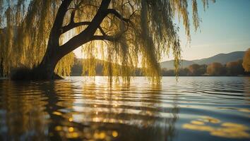 Willow Tree Reflected on Lake Water at Sunset with Golden Light photo