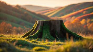Mossy Tree Stump on a Grassy Hillside During Autumn Season photo
