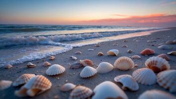 Seashells Scattered on Sandy Beach Shoreline at Sunset with Gentle Waves photo