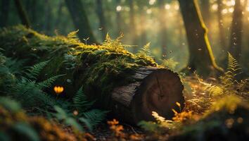 Fallen Log Covered with Moss and Ferns in a Forest Setting photo