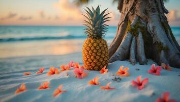 Pineapple Resting on Beach with Tropical Flowers and Gentle Waves photo