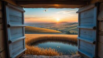 Open Window View of Golden Fields and Pond at Sunset photo