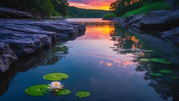 Still River Reflecting Colorful Sunset Sky with Water Lily Bloom photo